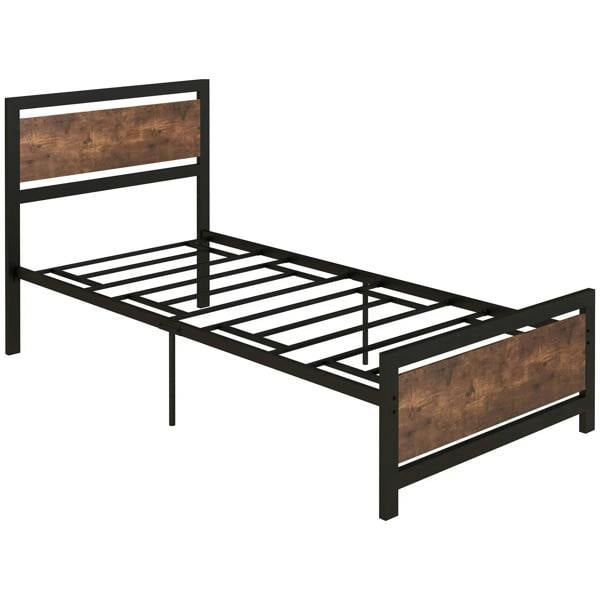 Single metal bed frame with slatted base, headboard and drawer-style footboard in black and rustic brown