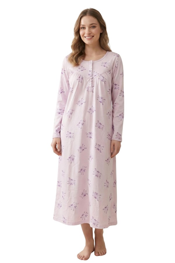 Camille Womens 100% Cotton Classic Floral And Polka Dot Long Sleeved Nightdress - Lilac FL