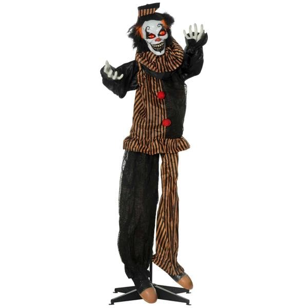 Circus clown animatronic decoration in striped outfit, red buttons, hands raised