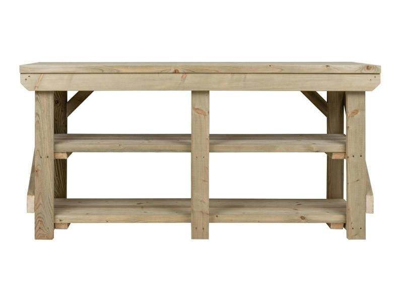Indoor/Outdoor Pressure-Treated Double Shelf Workbench, a robust and versatile solution for all your workspace needs. Handcrafted in the UK, this workbench is constructed from high-quality, pressure-treated timber, ensuring durability and resistance to the elements, making it suitable for both indoor and outdoor use.