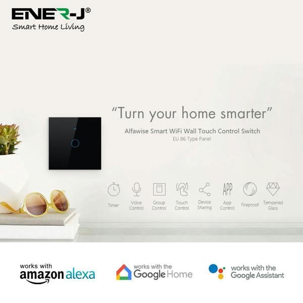 ENER-J Black Smart Switch – 1 Gang Wireless WiFi Switch, No Neutral Wire, Alexa & Google Compatible, UK Glass Panel
