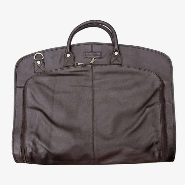 Brown suit garment bag with a handle on a white background