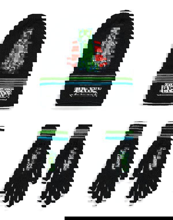 Minecraft Boys Black Creeper & TNT Beanie and Gloves Set (One Size)