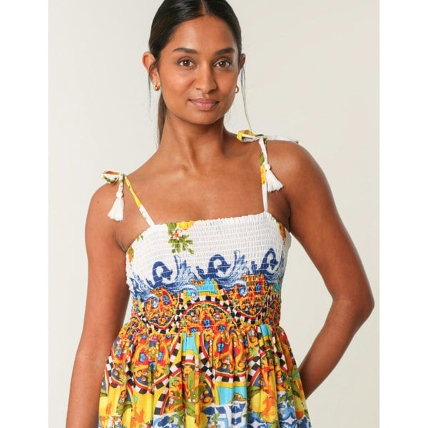 Blue Vanilla Lemon Abstract Print Shirred Maxi Dress