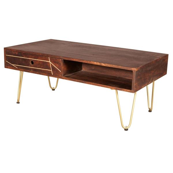 Wyld Haus Bandung Dark Mango Wood and Gold Rectangular Coffee Table 1 Drawer 1 Open Shelf