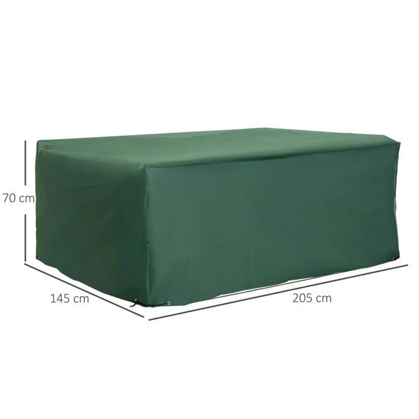 Green rectangular patio furniture cover with corner seams and fitted side panels