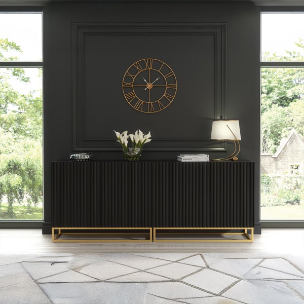 Mex Furniture Sophisticated Black Sideboard with Fluted Fronts & Gold Legs – 200cm Storage Unit