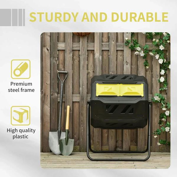 Dual-chamber rotating composter with steel-look frame and high-quality plastic shell