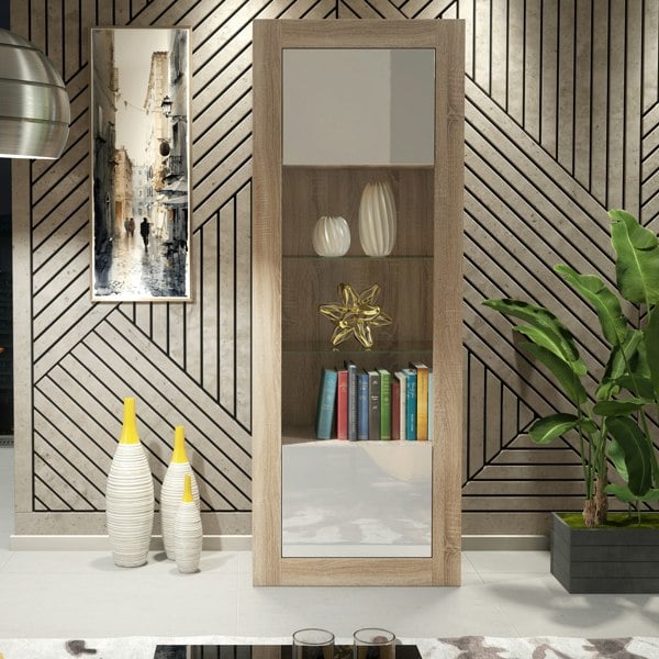 Mex Furniture Modern Display Cabinet 170cm – Oak Body & White Gloss Doors
