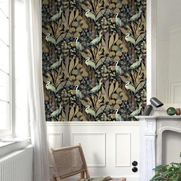 Grandeco Tropical Cranes Black Textured Wallpaper, Black Green Teal