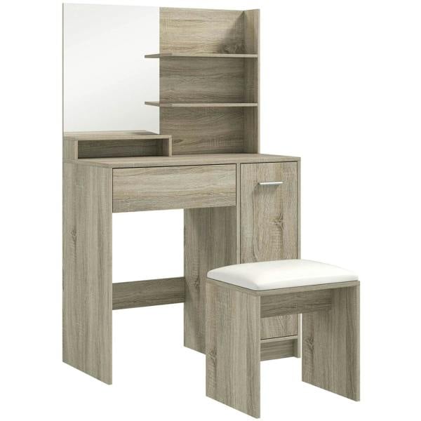 Wood-effect dressing table with storage shelves and drawer, plus matching stool with white cushion