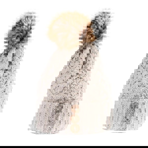 Aran Diamond Cable Button Hat Fisherman Stitch Pom Pom Hat | Chunky Rib Knit with Faux Fur Pom Pom