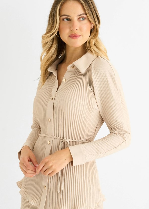 Gini London Beige Plisse Button Through Shirt
