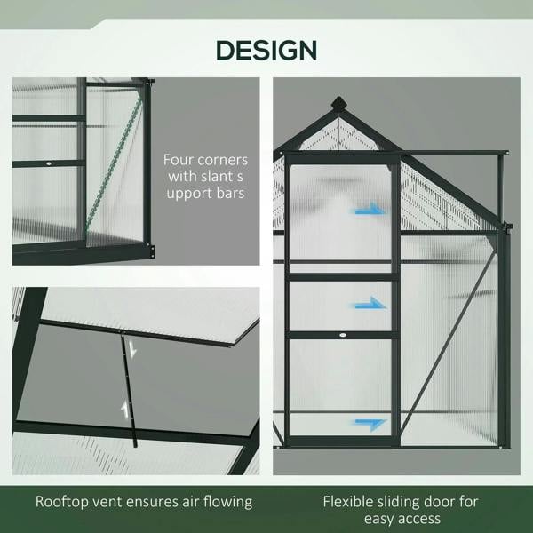 Grey greenhouse corner with diagonal support bars and clear twin-wall polycarbonate walls