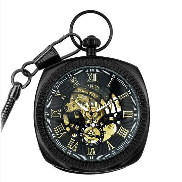Infinity Leather Mechanical Vintage Skeleton Square Open-Face Pocket Watch