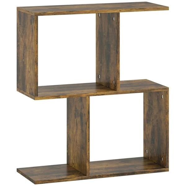 Rustic brown S-shaped 3-tier side table with open storage shelves.