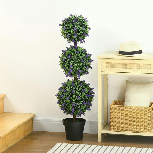 Artificial lavender ball tree with stacked rounded foliage, green leaves and purple flowers, black pot