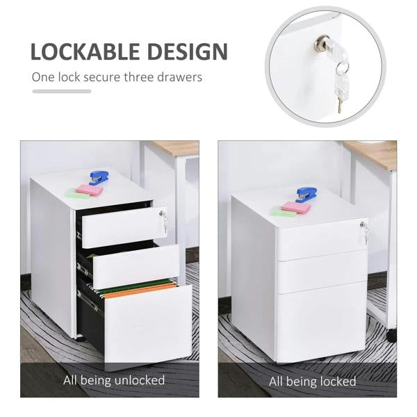 White filing cabinet with three lockable drawers and a visible key lock