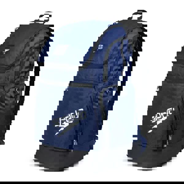 Navy blue Speedo Teamster rucksack 35L with black accents, white logo and raised laptop sleeve