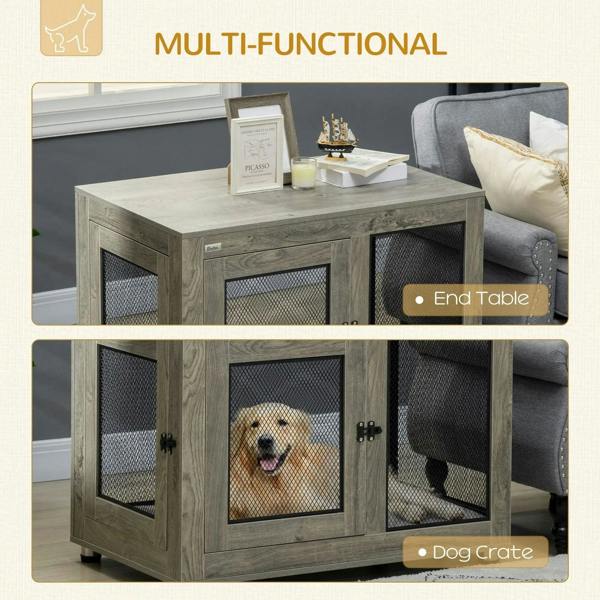 Grey dog cage side table showing top surface and two mesh door panels
