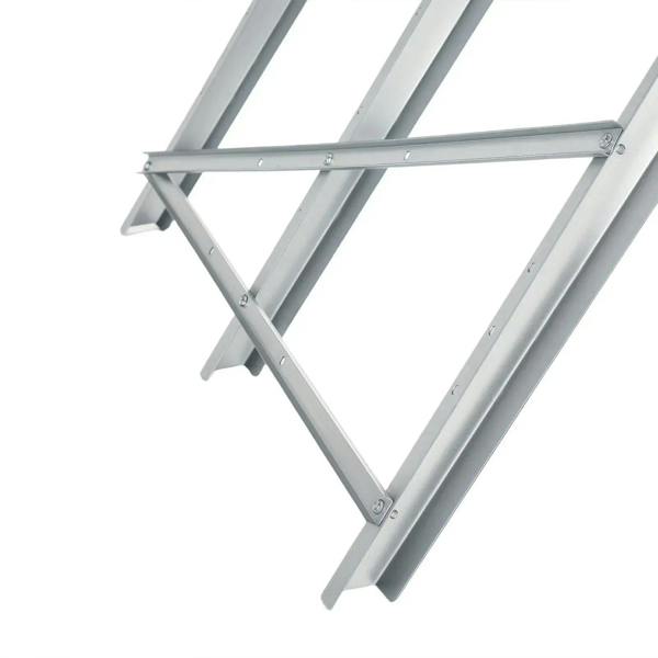 Silver metal crossbar and angled legs for an adjustable foldable sawhorse stand