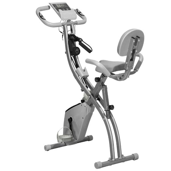Grey folding exercise bike with backrest, handlebars, and front stabilizer feet