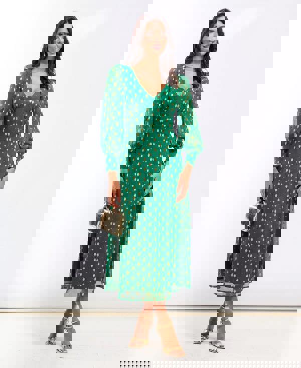 Needs No Label Green Foil Long Sleeve Plunge Midaxi Dress