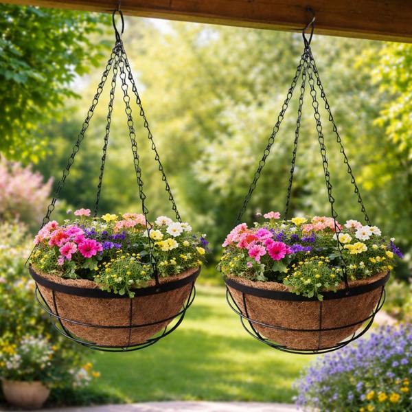 Gr8 Garden Two Pack 12 Inch Metal Hanging Baskets with Coco Liners