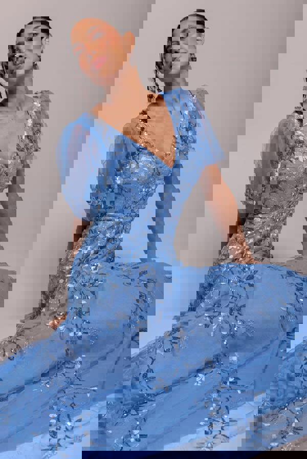 Flared Sleeve Embroidered Maxi Dress - Cornflower Blue DR3279A