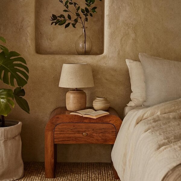 Wyld Haus Kahuku Chestnut Mango Wood Curved Bedside Table with Drawer
