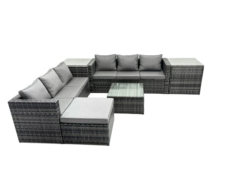 Fimous Outdoor Rattan Garden Furniture Set 7 Seater Patio Lounge Sofa Set with Square Coffee Table 2 Side Table Big Footstool Dark Grey Mixed