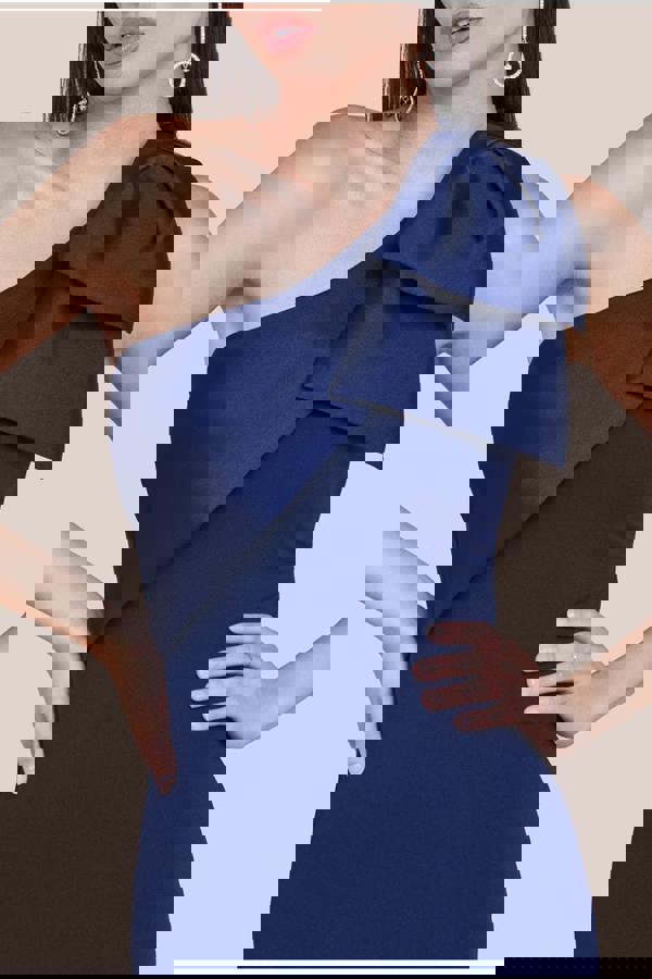 One Shoulder Satin Bow Scuba Crepe Maxi Dress - Navy DR4183