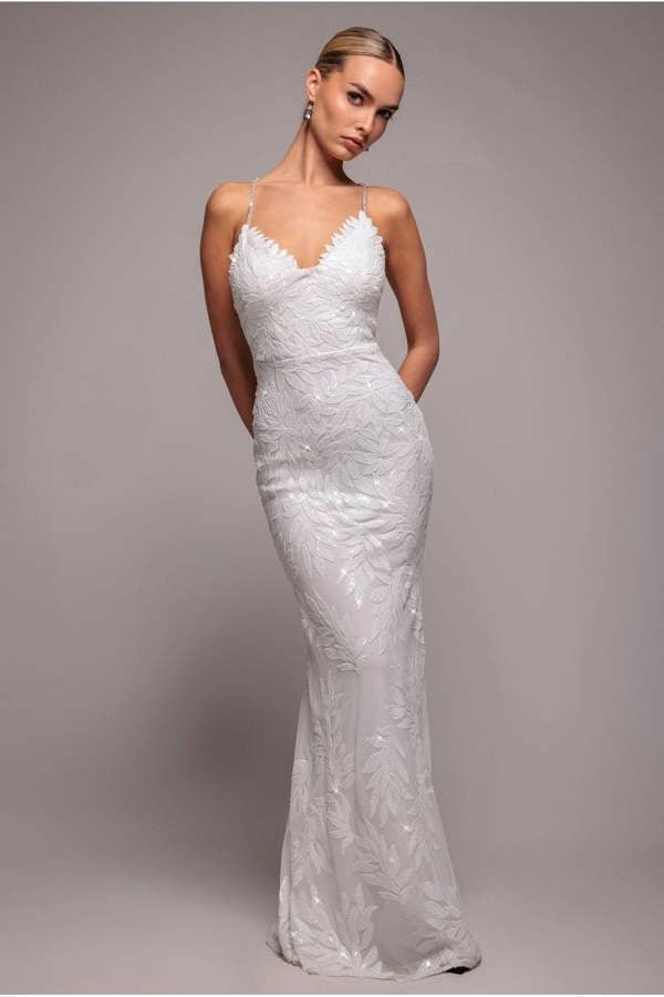 Cross Back Diamante Strap Sequin Maxi - White DR4009