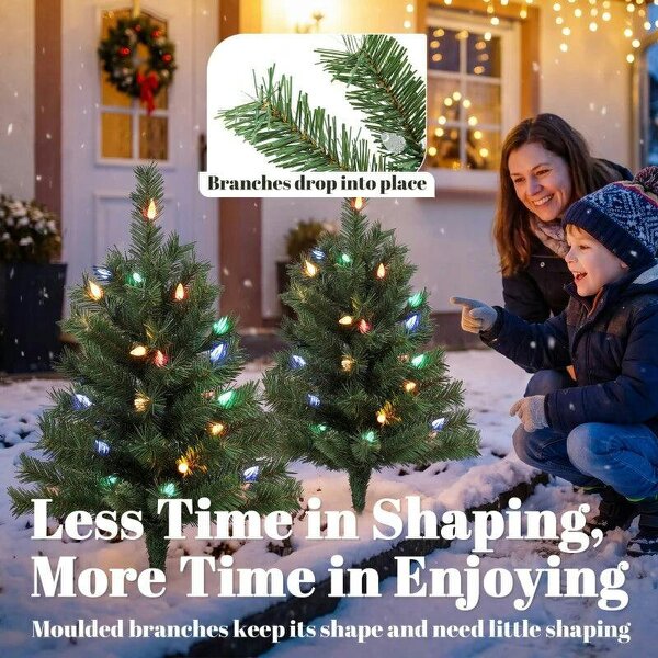 60 cm Prelit Christmas Tree, 2 Packs Artificial Christmas Trees with 60 Colourful LED Lights, 130 Tips, Green