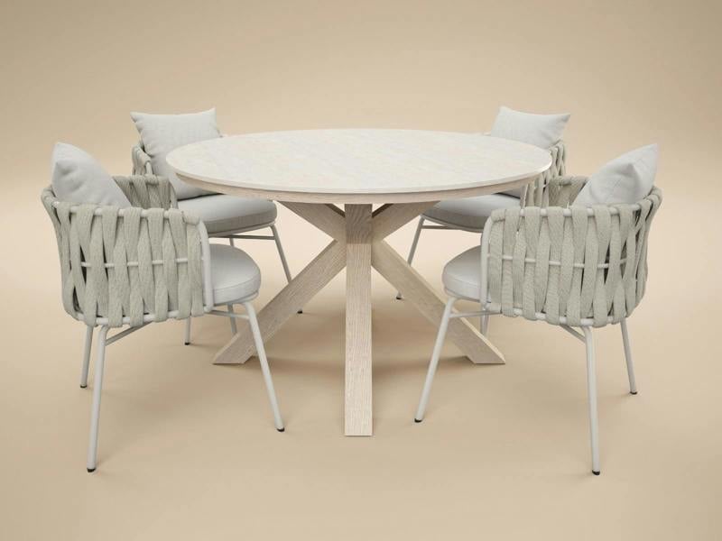 SOLACE+CO Florence Round Garden Stone Dining Table with 4 Louisa Chairs Beige