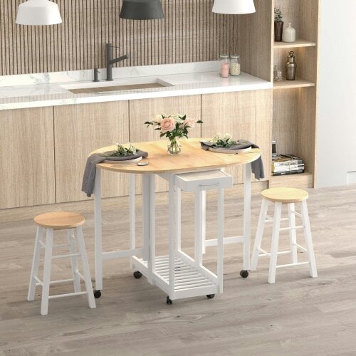 Wyld Haus Rasola Wooden White Mobile Drop Leaf Dining Table With Stools Drawers Shelving And Wheels