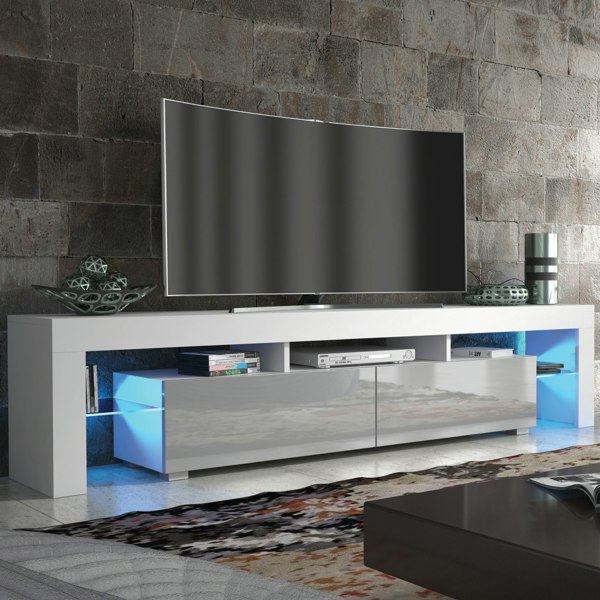 Mex Furniture Sleek 200cm TV Unit Cabinet Stand High Gloss Doors with Free LED Lights