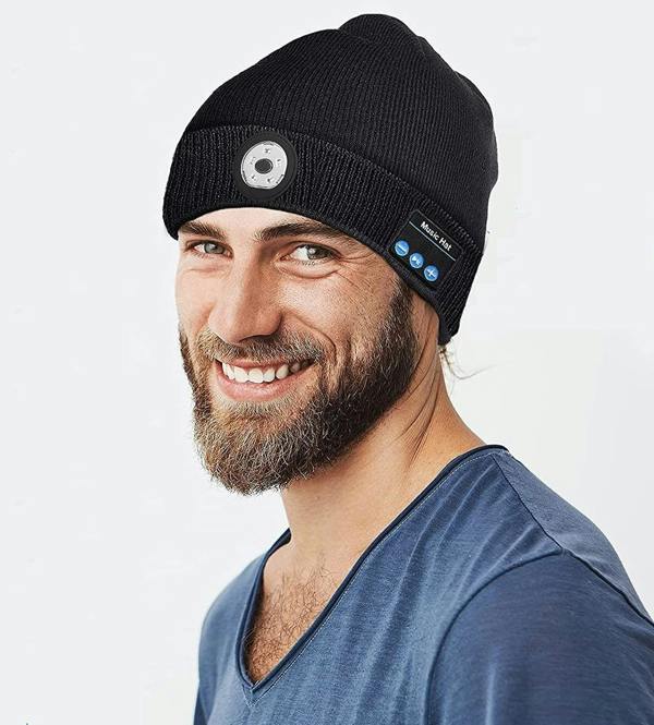 Dyzi Rechargeable Wireless Beanie with Built-in Torch 3 in 1 Headphones and Headlamp