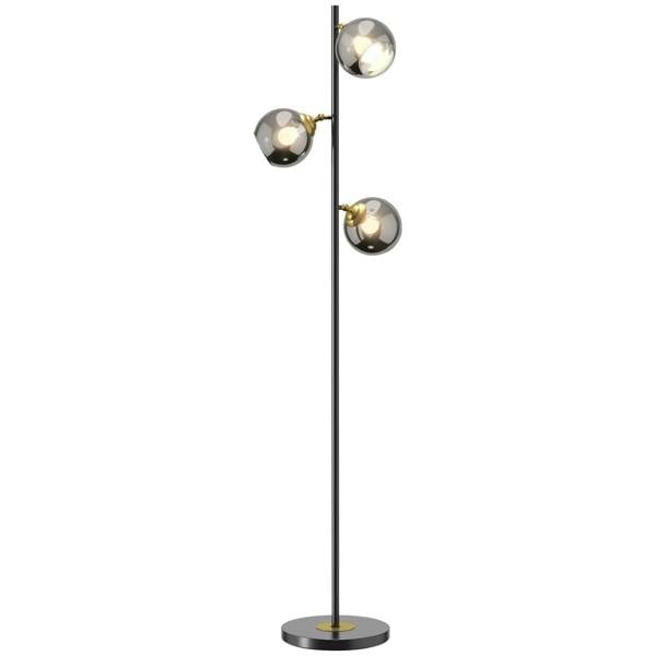Grey floor lamp with black pole and three round glass shades with gold accents