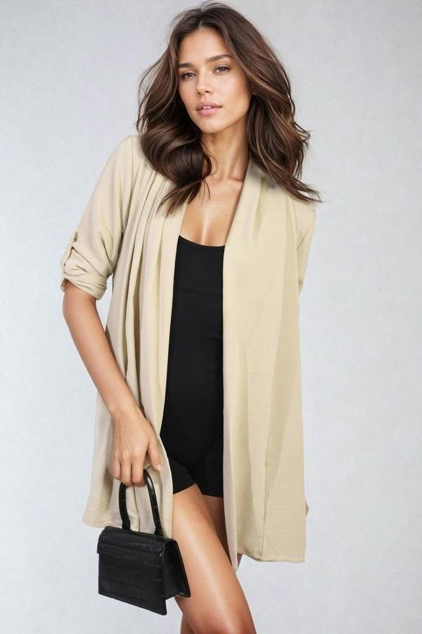Vivian Open Front Roll Up Sleeve Cardigan - Beige