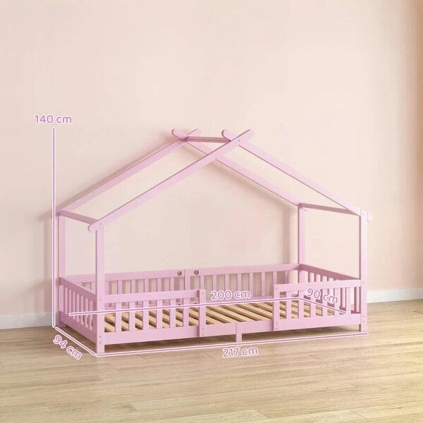 Wooden Kids House Single Bed Frame, Solid Pine Wood Toddler Bed with Dual Guardrails for Children, Boys, Girls, Pink