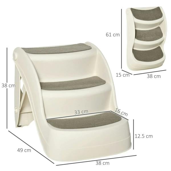 Cream 3-step pet stairs with gray non-slip treads and size measurements