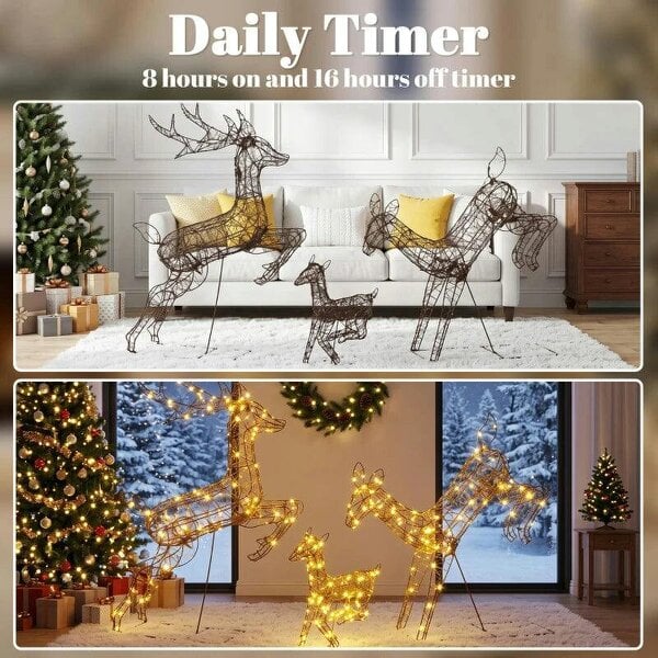 Bobobiy 3-Piece Light Up Deer Family Set of 3, Lighted Reindeer Christmas Decorations Outdoor with 200 LED Lights, Brown