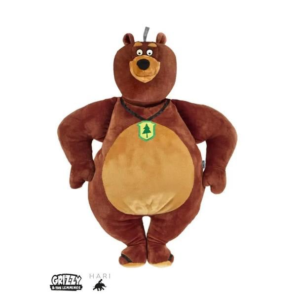 Cuddly brown bear hot water bottle with Grizzy Cover and green badge