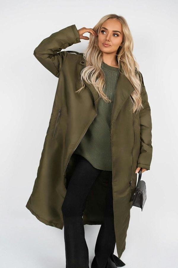 Yvette Longline Padded Coat With Side Pockets - Khaki