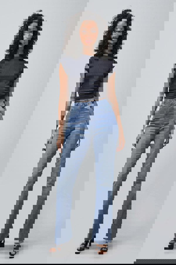 ENORSIA High Waist Raw Hem Flared Jeans