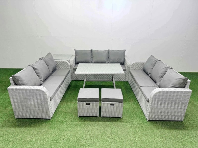 Fimous 11 Seat Outdoor PE Rattan Garden Furniture with Cushions 3 Seater Sofa Side Table 2 Small Stools Light Grey
