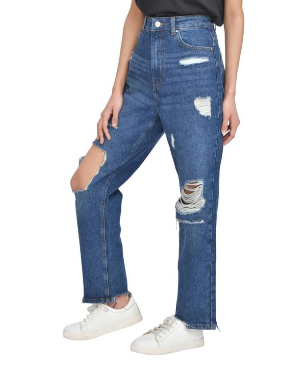 Smart Living Women's Casual Style High-Waist Torn Hem Rip Mom Jeans - Dark Wash
