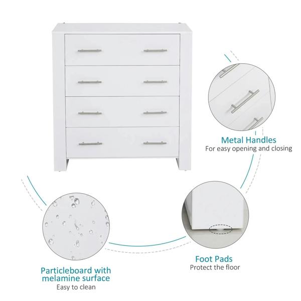 White 4-drawer cabinet with metal bar handles, particleboard finish, protective foot pads
