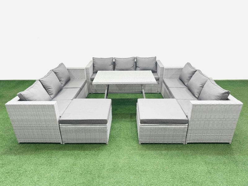 Fimous 11 Seat Outdoor Patio PE Rattan Garden Furniture with Cushions 3 Seater Sofa 2 Big Stools Light Grey